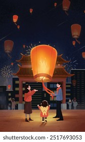 A family is happily releasing Kongming lanterns and praying