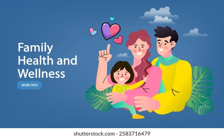 A family happily sits and reads a book together. Family members - mother, father and preschool children. Family relationship, parents and kids talking together Modern flat vector .