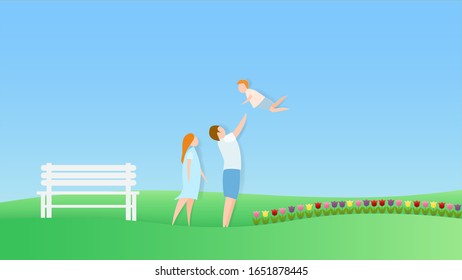 Family happily walking on green nature landscape background paper art style illustration vector