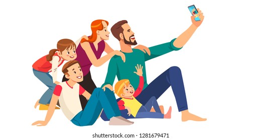 Family, happiness, generation and people concept - happy family  making selfie with smartphone. Cartoon Vector Illustration