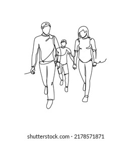 Family happiness while walking drawn with continuous one line. Minimalist style vector illustration in white background.