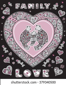 Family of happy bears, mom, daddy and baby. frame in the shape of a heart and set of hearts and flowers.