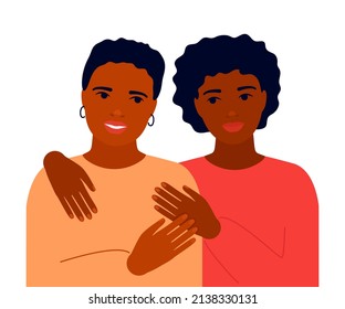 Family Happy Black Mother And Adult Teenage Black Daughter Are Hugging. Mothers Day Concept. Adult Sisters. Family Understanding, Love, Consent, Support. Vector Illustration