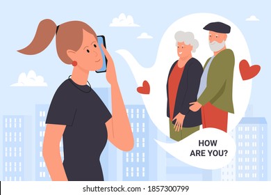 Family happy call vector illustration. Cartoon young girl calling parents during city walk, holding phone in hand, talking with smiling grandfather and grandmother, love grandparent concept background