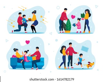 Family Happy Characters Active Life Scenes and Situations Trendy Flat Vector Set. Parents Greeting Kid with Birthday, Relaxing Together at Home, Playing and Walking with Dog Isolated Illustrations