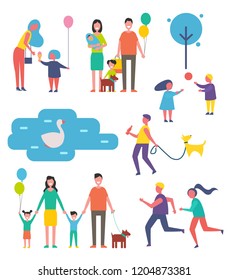 Family happy children isolated icons set. Swan floating on lake water, couple jogging, father and mother with kid kids and pet dog on leash vector