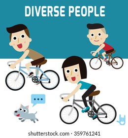 family happy cyclist .
health care concept.
flat cartoon design.
illustration isolated on white background.