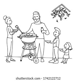 Family, Happy, Father, Mother, Daughter, Son, Barbecue, Doodle, Sketching, Black And White, Vector Illustration, Stay Home