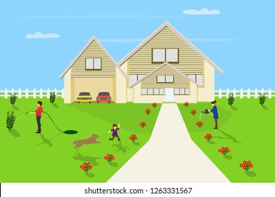 Family are happy  in front yard with white fence surrounded blue sky background