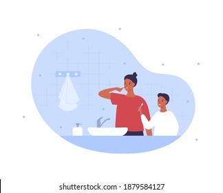 Family happy life concept. Dental oral care and hygiene. Vector flat people illustration. African american mother and son brush teeth by toothbrush and toothpaste on indoor bathroom background.