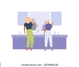 Family happy life concept. Dental oral care and bathroom hygiene. Vector flat people illustration. Mother and daughter brush teeth by toothbrush and toothpaste in front of mirror.