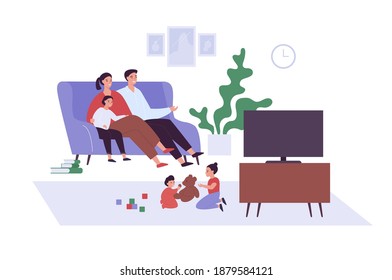 Familienfreundliches Lebenskonzept. Filmschauen und Kleben. Vektorflache Menschen Illustration. Mutter und Vater mit Tochter, die auf dem Sofa sitzt und Fernsehen guckt. Kleinkinder und Kleinkinder sitzen und spielen mit Spielzeug.