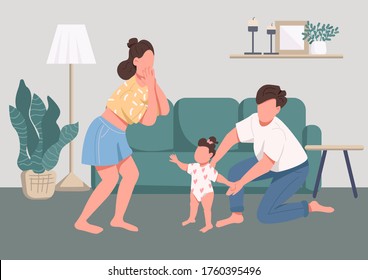 Gráfica vectorial de color plano de los momentos felices de la familia. Cuidado de los niños y paternidad. Bebé aprendiendo a caminar. Personajes de dibujos animados 2D para madres jóvenes, padres e hijos con interiores en el salón de fondo