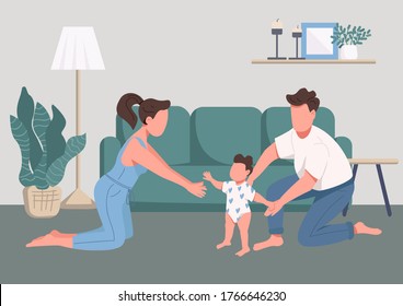 Family happy moments flat color vector illustration. Childcare and parenthood. Baby first steps. Young mother, father and child 2D cartoon characters with living room interior on background