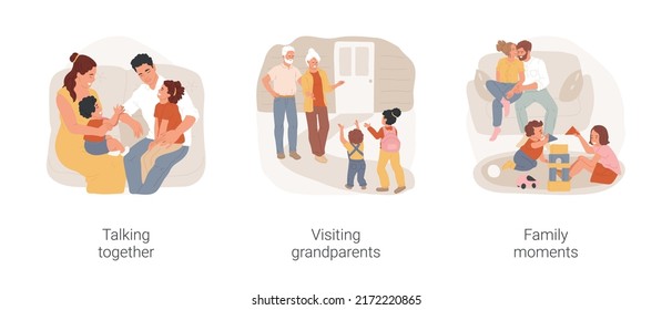 Family happy moments isolated cartoon vector illustration set. Family members talking together, sitting in living room, visiting grandparents, happy grandchildren, good moments vector cartoon.