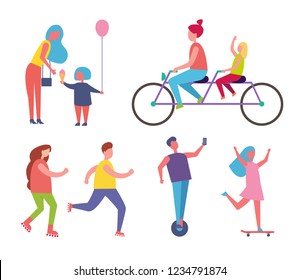 Family happy mother and child isolated icons set vector. Bicycle for two persons, couple jogging and keeping healthy lifestyle. Woman skating on board