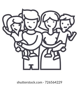 family, happy parents and children keep on hands vector line icon, sign, illustration on background, editable strokes