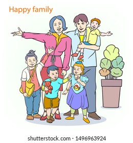 The family is happy, the parents have a daughter and three sons.hand drawn style vector design illustrations.Image separated from white background