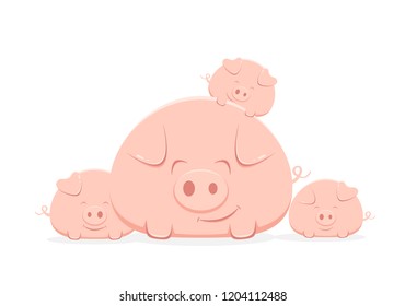 Family of happy pink pigs isolated on white background, illustration.