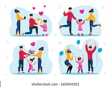 Family Happy and Positive Moments Memories Trendy Flat Vector Concepts Set. Parents Celebrating Little Daughters Birthday, Riding Roller-Skates, Spending Holiday Time Together Isolated Illustrations