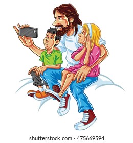 Family Happy Taking Selfie Vector Illustration Cartoon Drawing