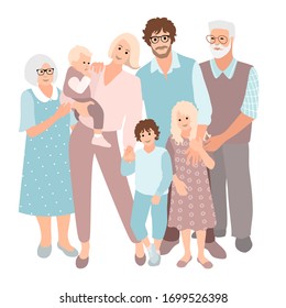 Family happy together. Group of people standing. Baby, little boy, teenager girl, woman, man, senior couple. Father, mother, sister, brother, son, daughter, grandparents. Vector  cartoon style.