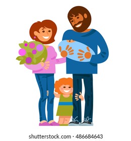 Family Happy young parents with new born baby and little daughter. Mother father and children isolated on white background Child birth concept.  Cartoon vector illustration