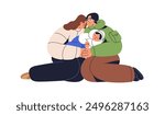 Family in hardship. Mother, father and baby in trouble. Poor mom, dad caring for infant. Migrant parents with kid in difficulty and misfortune. Flat vector illustration isolated on white background