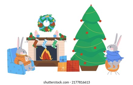 A family of hares is preparing for Christmas. A cozy evening by the fireplace with a Christmas tree and gifts. Flat vector illustration. Eps10