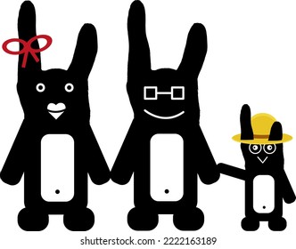 A family of hares. A set of black rabbits with a red bow, a yellow panama hat, glasses and different emotions on their face. Concept of the Chinese New Year. Cute cartoon of bunny from hand gestures.