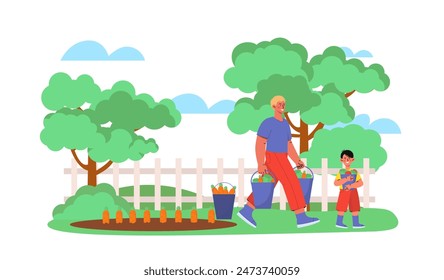 Family with harvest. Man and child carry buckets of fruits and vegetables. Farmers with natural and organic products on the beds. Farming and agriculture. Cartoon flat vector illustration