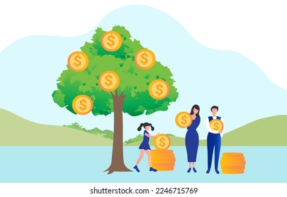 Captura familiar de dinero de un árbol de monedas de oro para el crecimiento financiero y el rendimiento de los beneficios de la inversión y la planificación financiera ilustraciones vectoriales