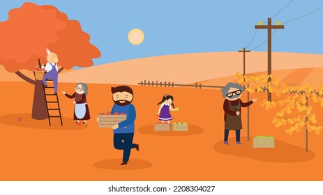 Family harvesting on the farm, illustration