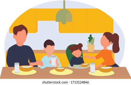 The family has Breakfast at the kitchen table in the kitchen. Parents and children eat together. Time with family. Father and mother, son and daughter at lunch or dinner. Vector illustration in flat.