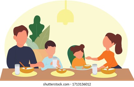 The family has Breakfast at the kitchen table in the kitchen. Parents and children eat together. Time with family. Father and mother, son and daughter at dinner. Vector illustration in flat style