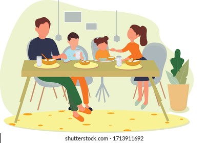 The family has Breakfast at the kitchen table in the kitchen. Parents and children eat together. Time with family. Father and mother, son and daughter at dinner. Vector illustration in flat style