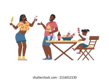 Family has party outside with drinks and grilled food, flat vector illustration isolated on white background. Happy man and woman dancing and child eats. Concept of summer weekends recreations.