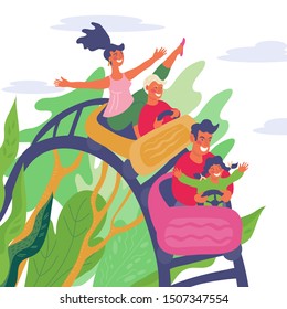 Family Have Fun At Entertainment Park And Riding On Rollercoaster Together. Mom, Dad And Children In Amusement Park At Recreation Time. Active Leisure And Vacation.Flat Vector Illustration.