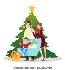 Family have fun together at christmas tree. Traditional holiday decoration for party. Happy people with gifts on celebration. Isolated vector illustration in cartoon style