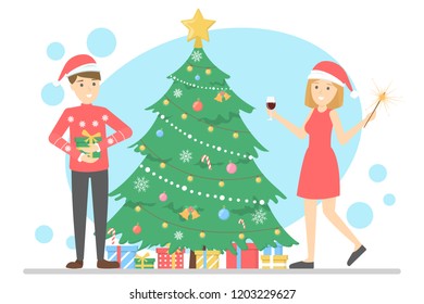 Family have fun together at christmas tree. Traditional holiday decoration for party. Happy people with gifts on celebration. Isolated flat vector illustration