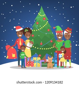 Family have fun together at christmas tree on winter background. Traditional holiday decoration and costume for party. Happy people with gifts on celebration. Isolated vector illustration flat