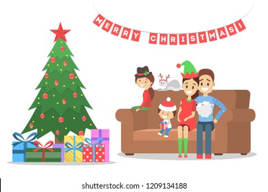 Family have fun together at christmas tree. Traditional holiday decoration for party. Happy people sitting on the couch with gifts on celebration. Isolated vector illustration flat