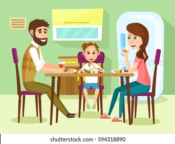 A família tem um almoço. Pai, mãe e filho sentados na cozinha e tendo uma refeição juntos. ilustração vetorial em estilo cartoon