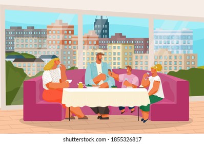 Family have lunch in restaurant or cafe, people eating delicious food and drinking lemonade, tea, parents spend leisure time at home sitting at soft sofa near panoramic windows with city view