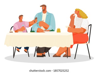 Family have lunch in restaurant or cafe, people eating delicious food, little boy give food to father, parents and children during dinner, people enjoy of meal, hungry father, mother and son eat