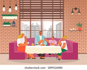 Family have lunch in restaurant or cafe, people eating delicious food, little boy give food to man, people enjoy of meal, hungry father, mother and son, daughter eat, big windows, stylish interior