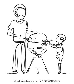 Family having a barbecue party, father and son standing around the grill. Continuous line drawing. Vector monochrome, drawing by lines. Happiness in the Everyday