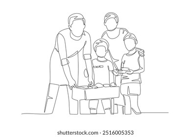 Family having a barbeque. Barbequing with friends or family concept one-line drawing