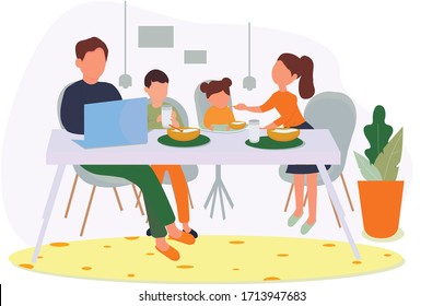 The family is having Breakfast, dad is working at the kitchen table in the kitchen. Freelancing, working at home with children. Time with family. Mother feeds the children. Vector illustration in flat