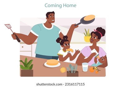 Family having breakfast. Happy parents and children eat pancakes together. Father, mom, daughter and baby at the kitchen table. Flat vector illustration